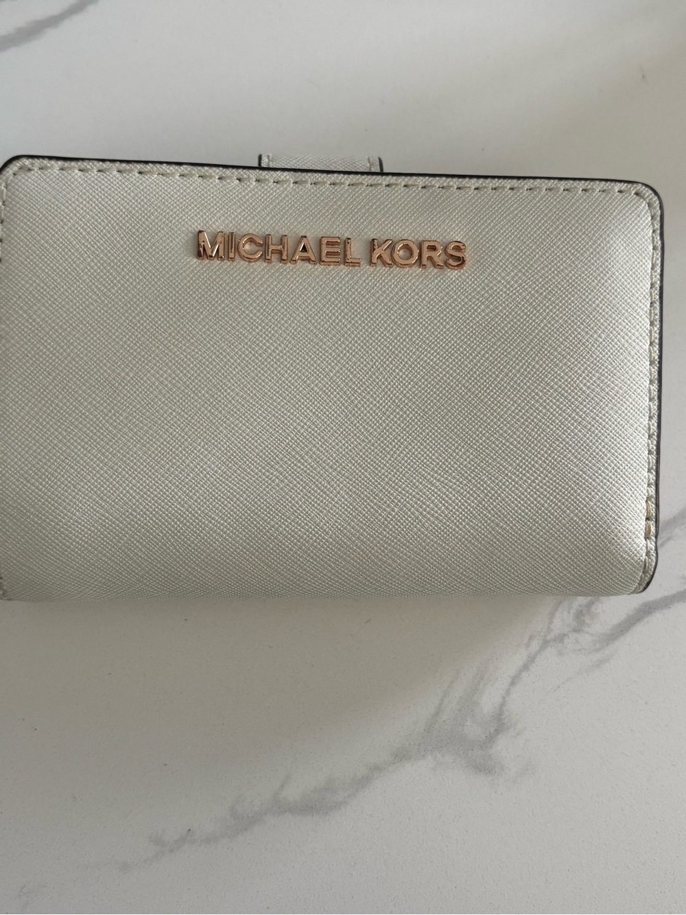 Michael Kors Pearl Saffiano Leather Wallet with Rose Gold Logo